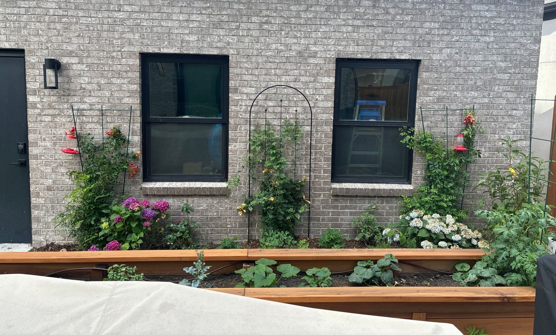 Knightscape project trellised flowering plants on brick wall and raised planter with vegetable plants