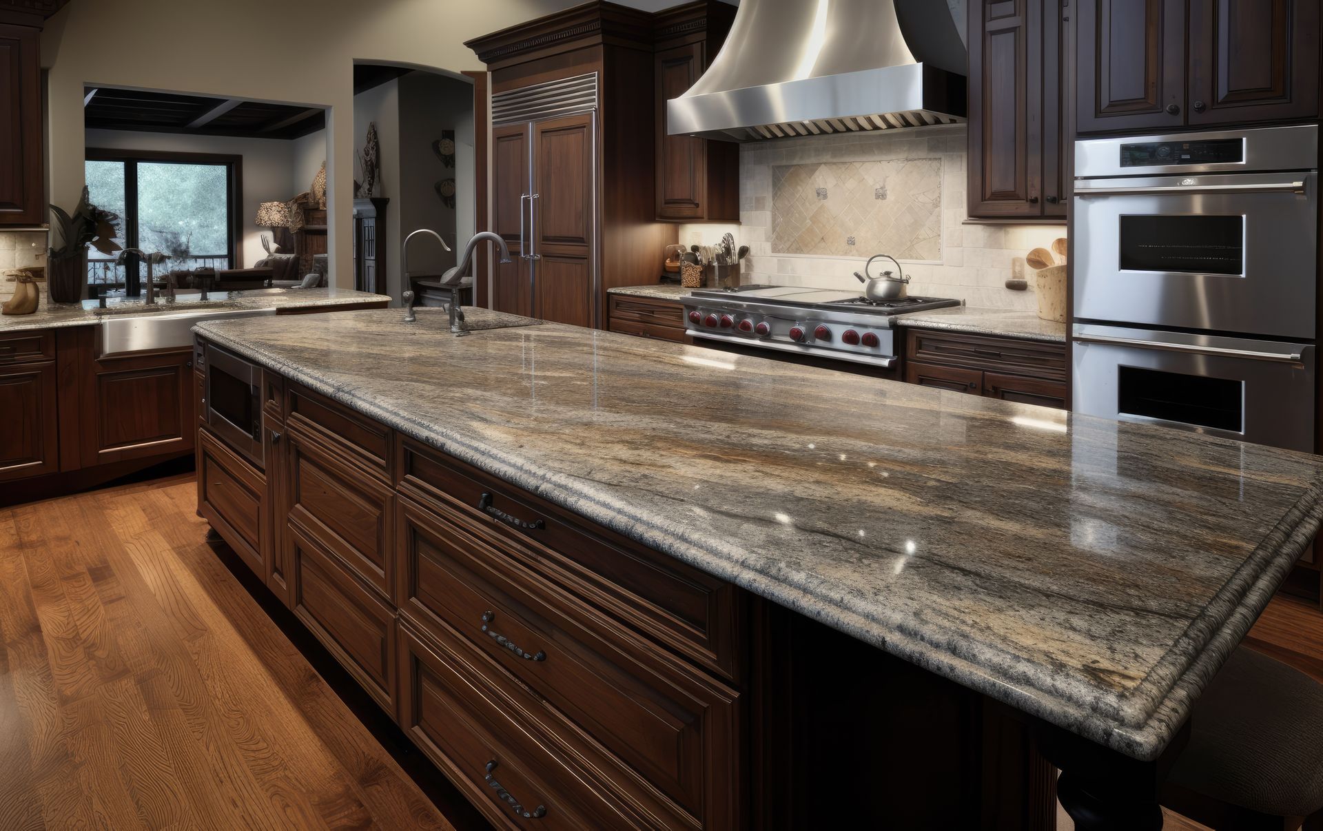 Luxurious kitchen with a large granite island, dark wood cabinets, and stainless steel appliances