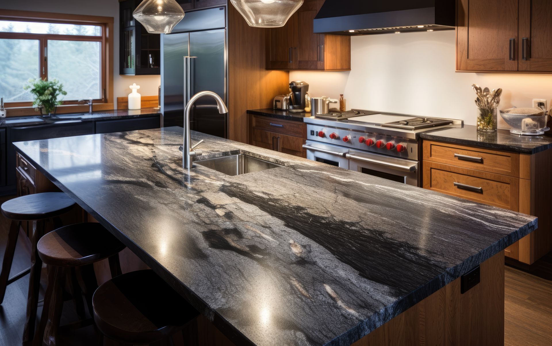 Kitchen with dark granite countertop island, wooden cabinets, and modern appliances.