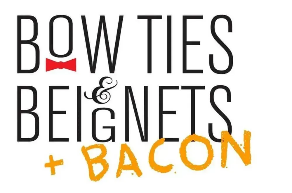 Logo reading “Bow Ties & Beignets + Bacon” in black and orange text with a red bow tie icon