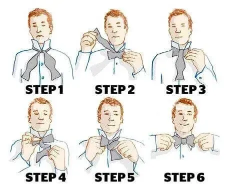 Six-step illustration of putting on a necktie, with a man adjusting the tie in each step.