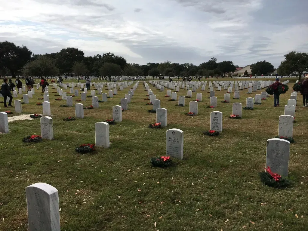 Rows of white gravestones in a cemetery under a cloudy sky, with red flowers placed near some markers