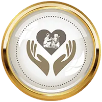 Gold circular emblem with hands cradling a heart and a family silhouette inside