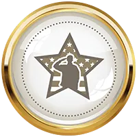 Gold circular badge with a gray star and silhouetted figure in the center