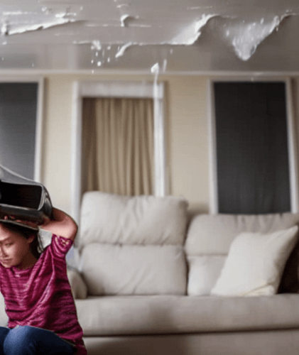 Child putting on a virtual reality headset in a living room with a beige sofa and curtains.