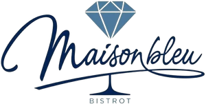 Logo del Maison Bleu Bistro con testo blu in corsivo e icona a forma di diamante sopra.