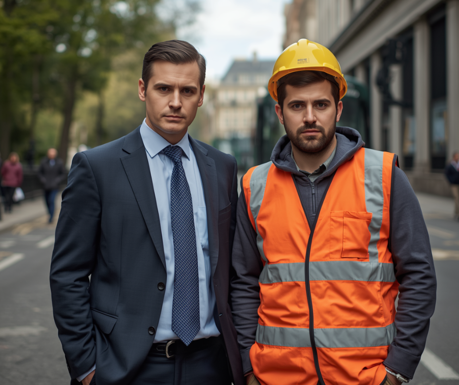 two men looking at camera one in a suit and one in construction worker gear