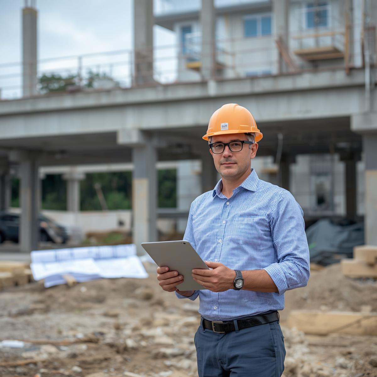 Projectmanagerinfrontofconstructionbuildingblueshirtandhardhat