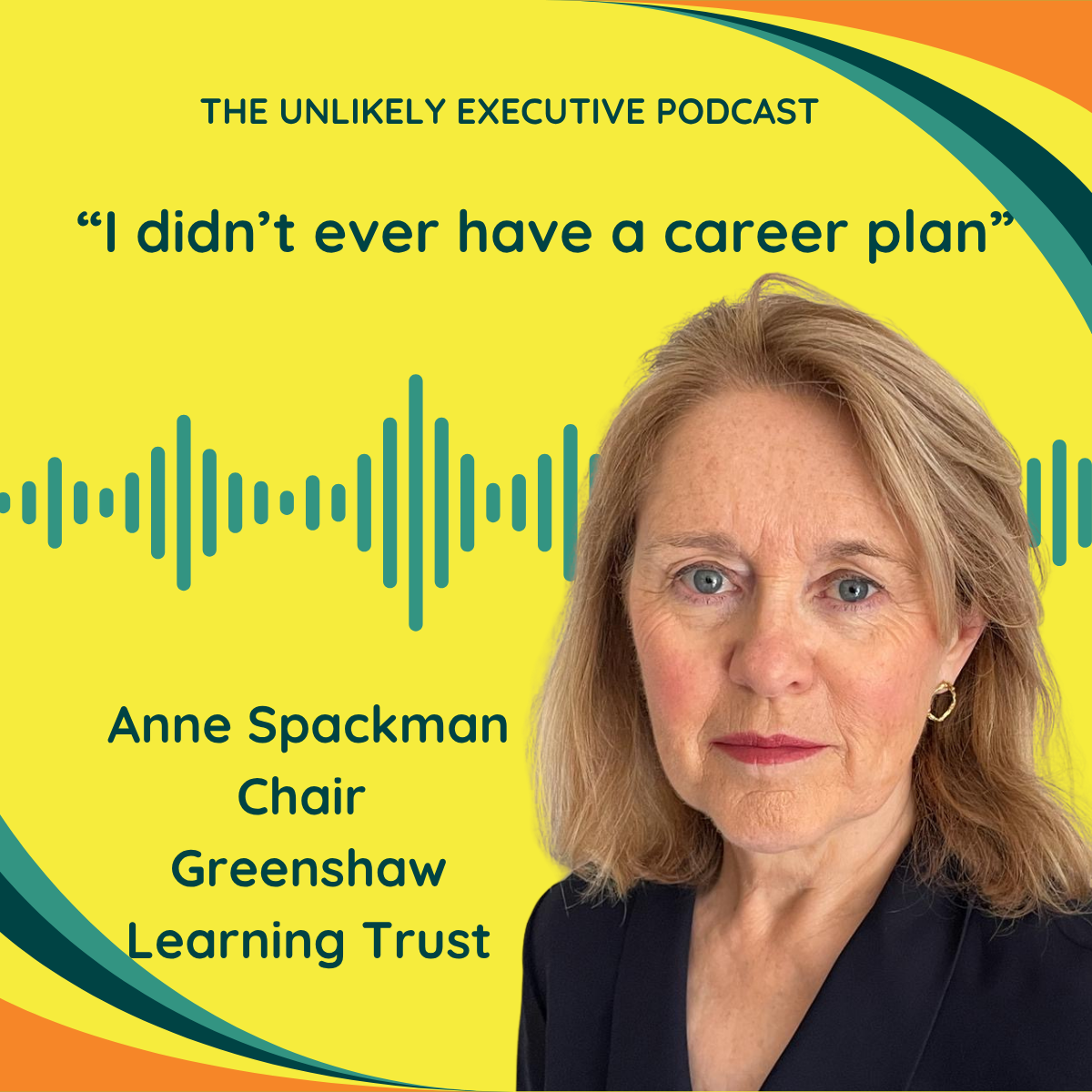 A yellow background with green audio with a midlife woman looking at the camera