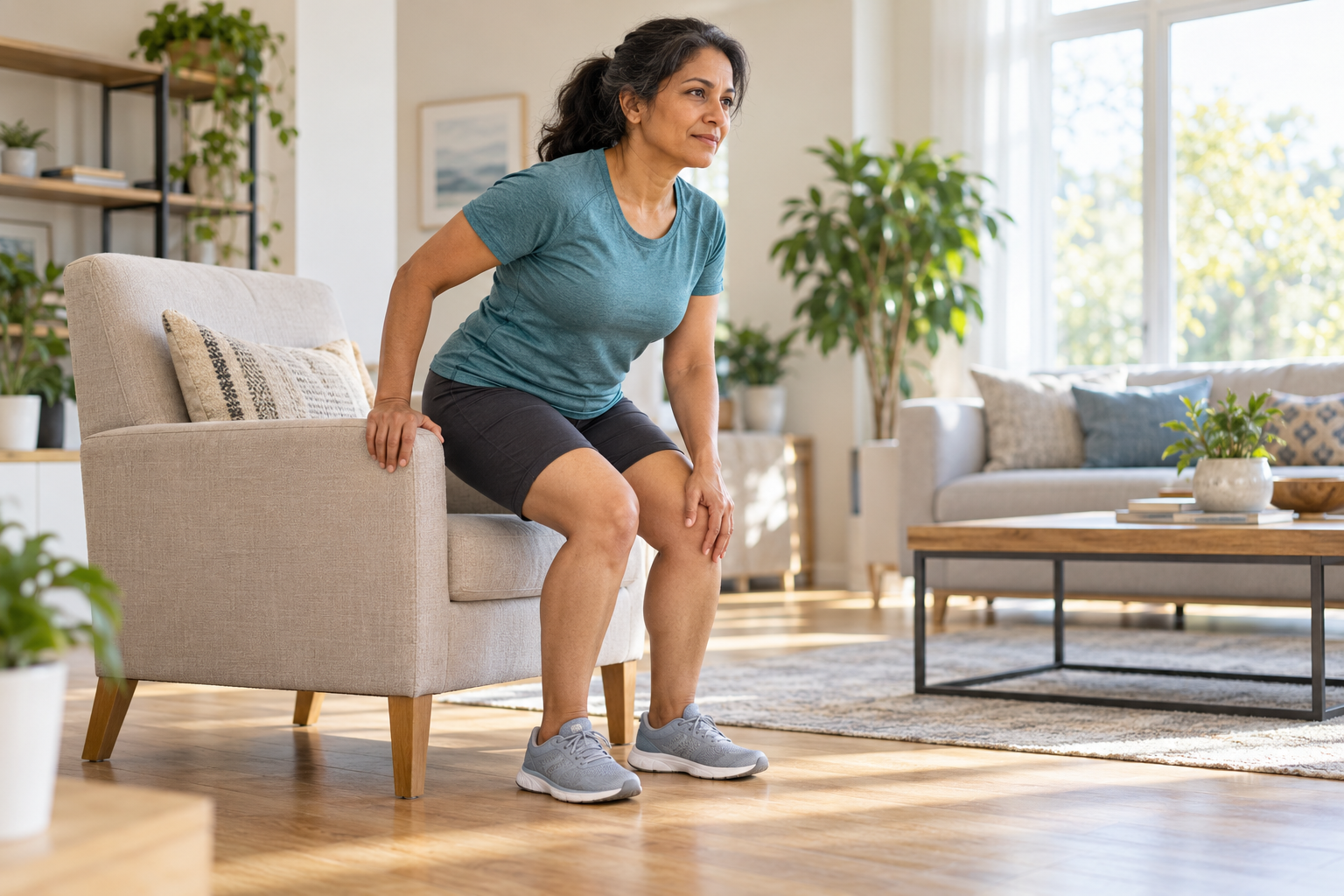 Woman rising from a chair with one hand resting on her knee.
