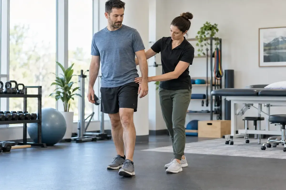 Physiotherapist assessing a client’s hip and walking movement at a rehabilitation clinic in Mississa