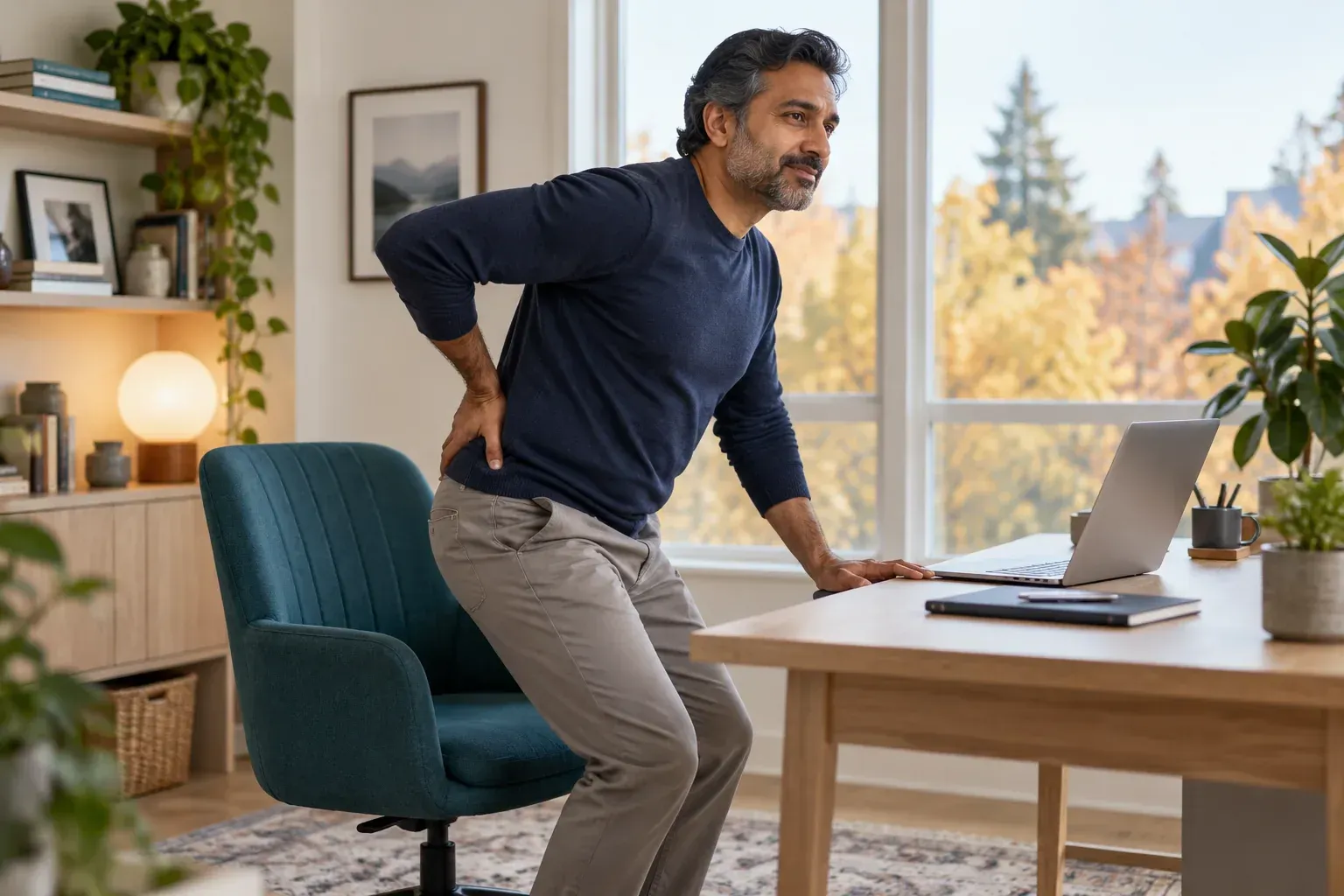 Man getting up from a home-office chair with one hand resting on his lower back.