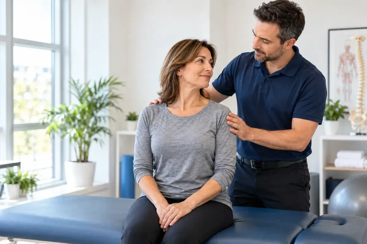 Physiotherapist guiding a seated woman through a gentle neck movement in a bright clinic.