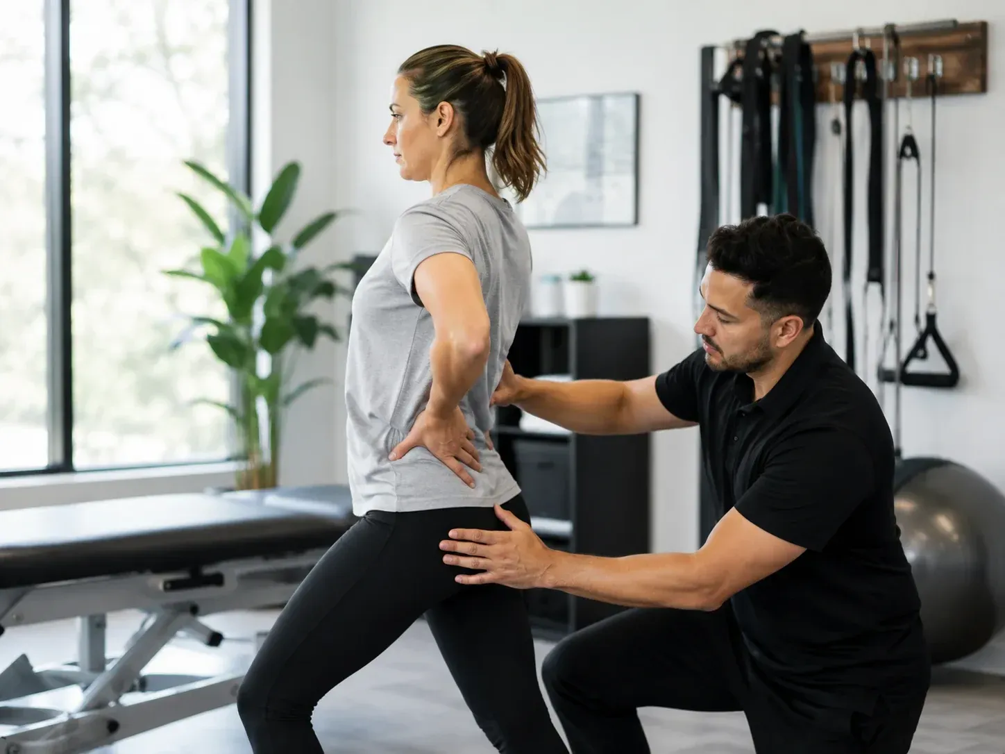 Physiotherapist assessing core and pelvic control during lower back pain rehabilitation 