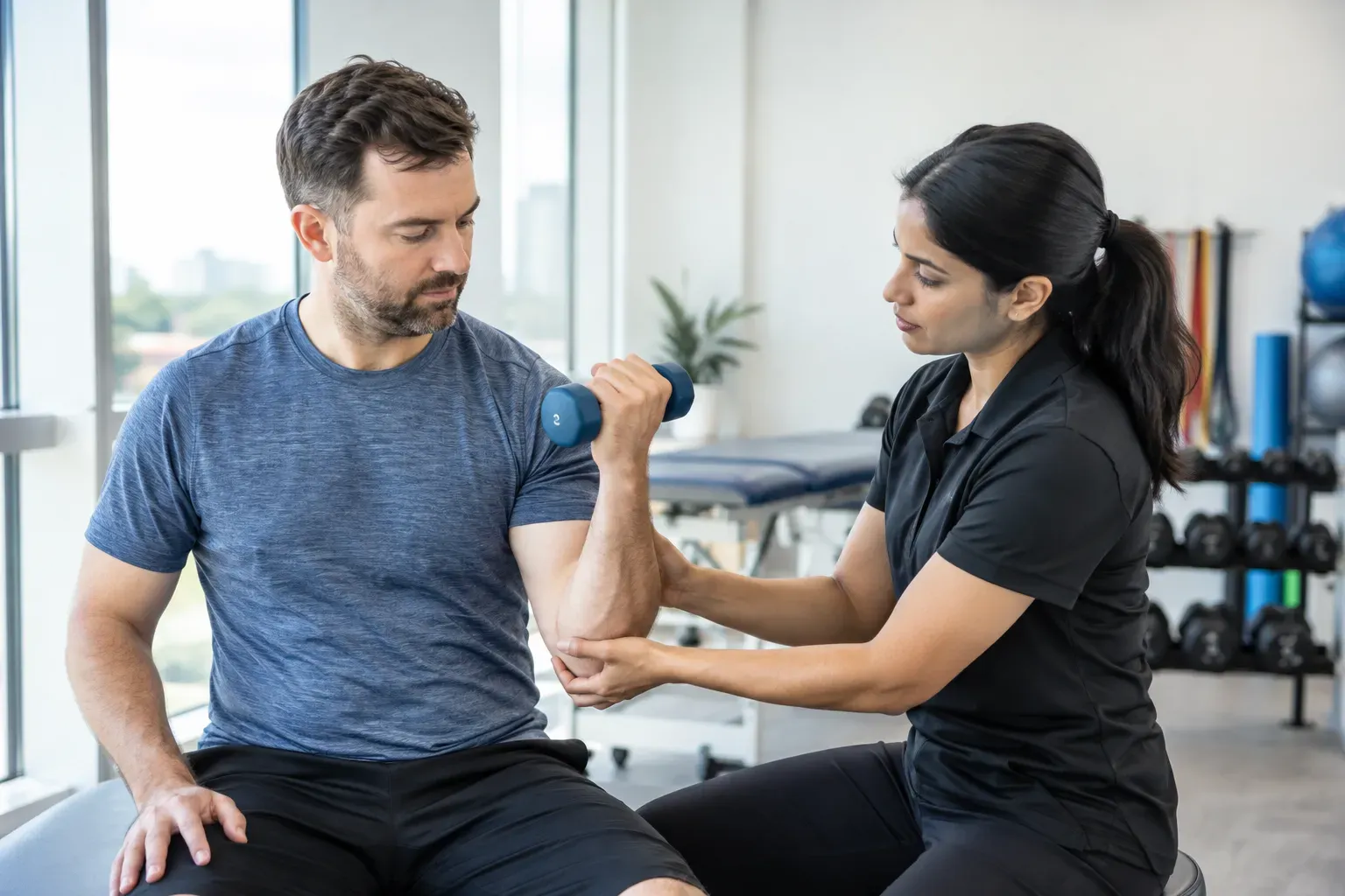 Physiotherapist assessing a man's elbow during a gripping exercise at a rehabilitation clinic in Mis