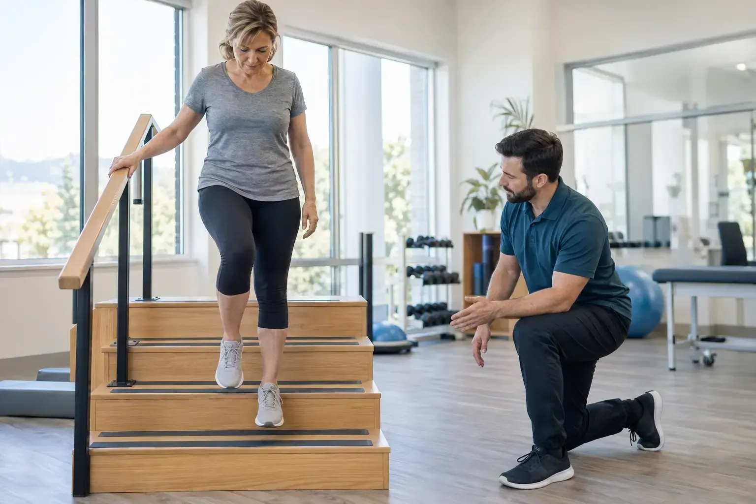 Physiotherapist assessing a woman’s knee alignment while she steps down stairs at a Mississauga phys