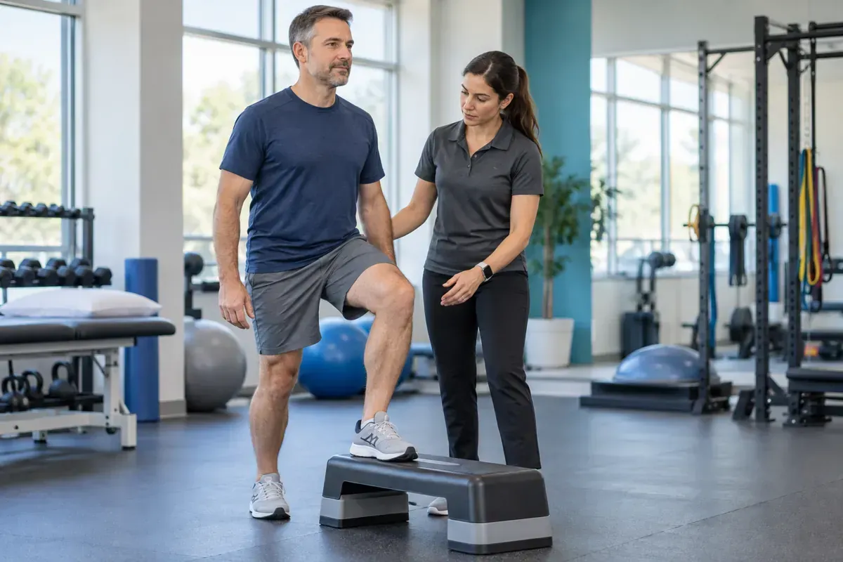Physiotherapist guides a patient through a step-up exercise during rehabilitation for a return to ph