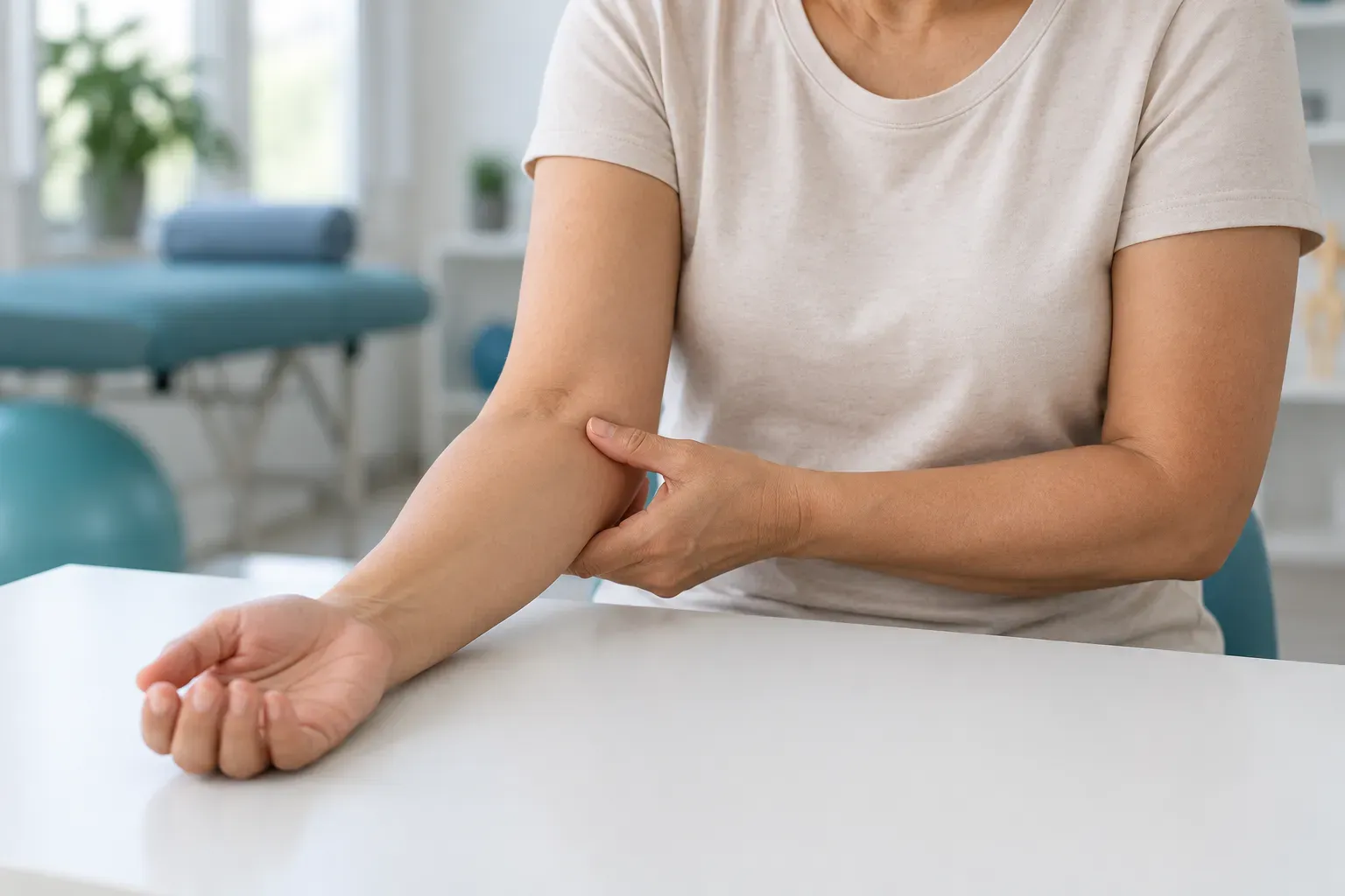Woman touching the inner elbow to illustrate golfer’s elbow discomfort.