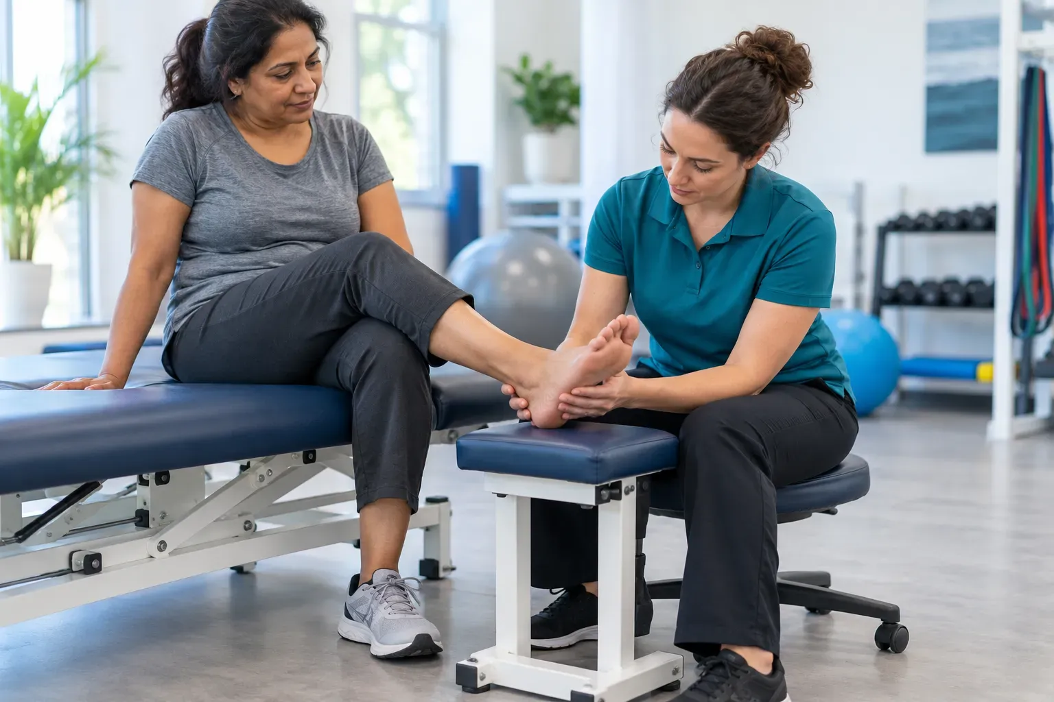 Physiotherapist supporting a seated woman’s heel during a foot assessment.