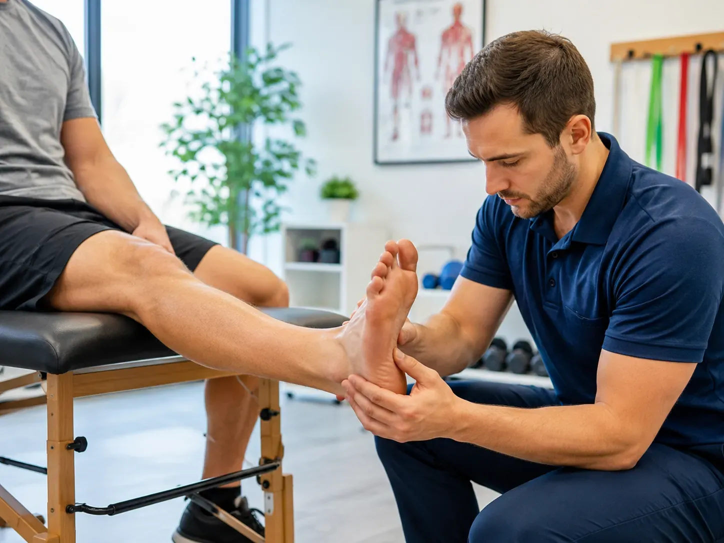 Physiotherapist assessing foot and heel movement for plantar fasciitis treatment in Mississauga.