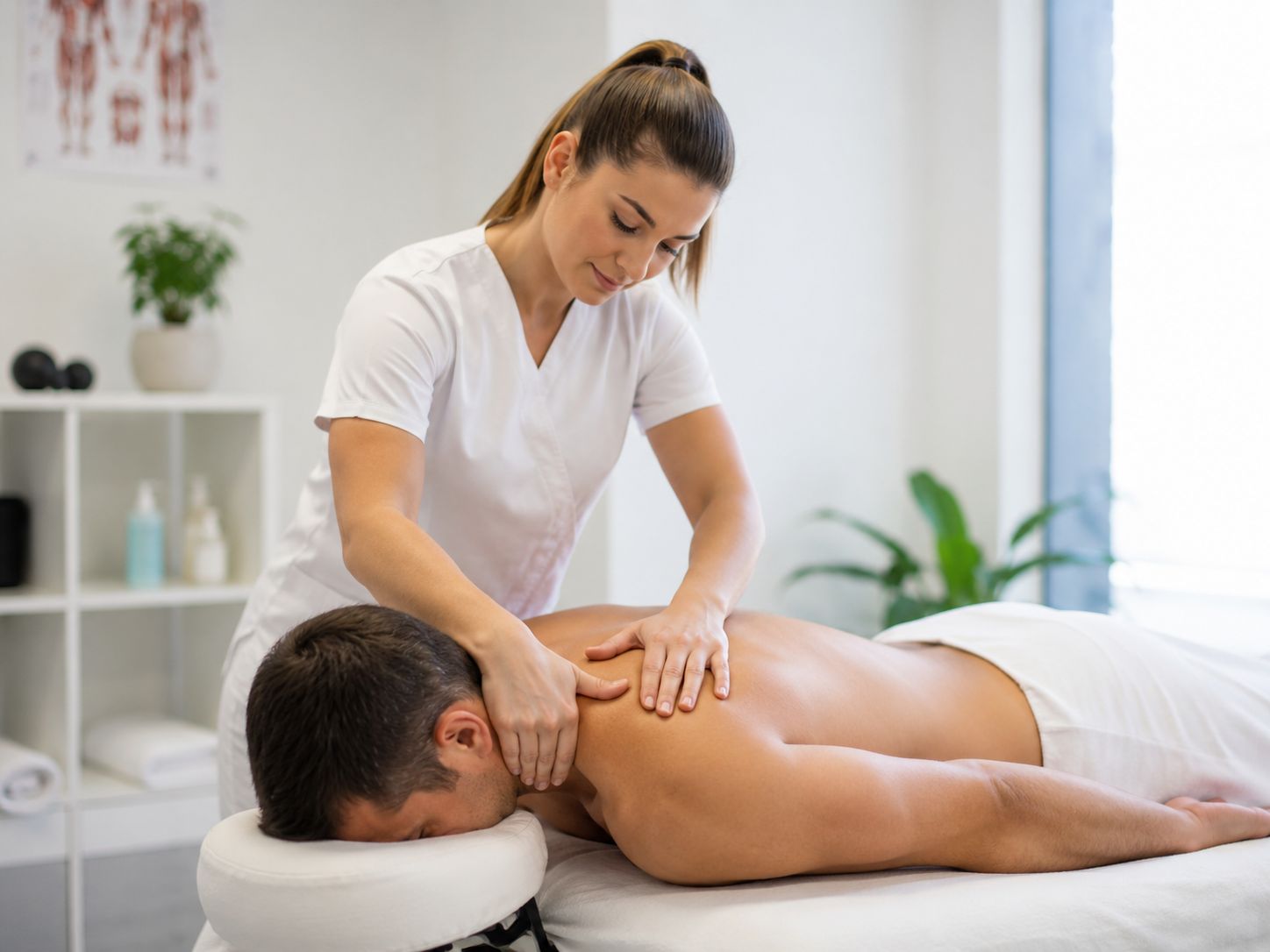 Registered massage therapist providing neck and upper back treatment to a client in a professional Mississauga clinic.