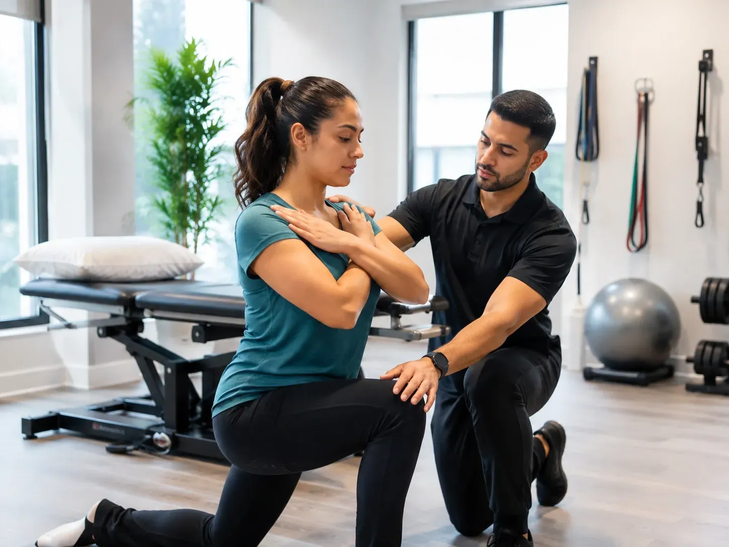 Physiotherapist guiding a patient through a sports injury rehabilitation exercise in Mississauga.