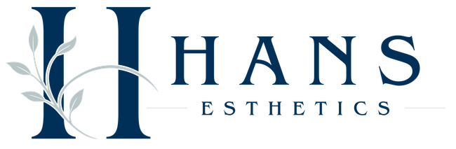 HANS Esthetics logo with a blue monogram and navy serif text on a white background
