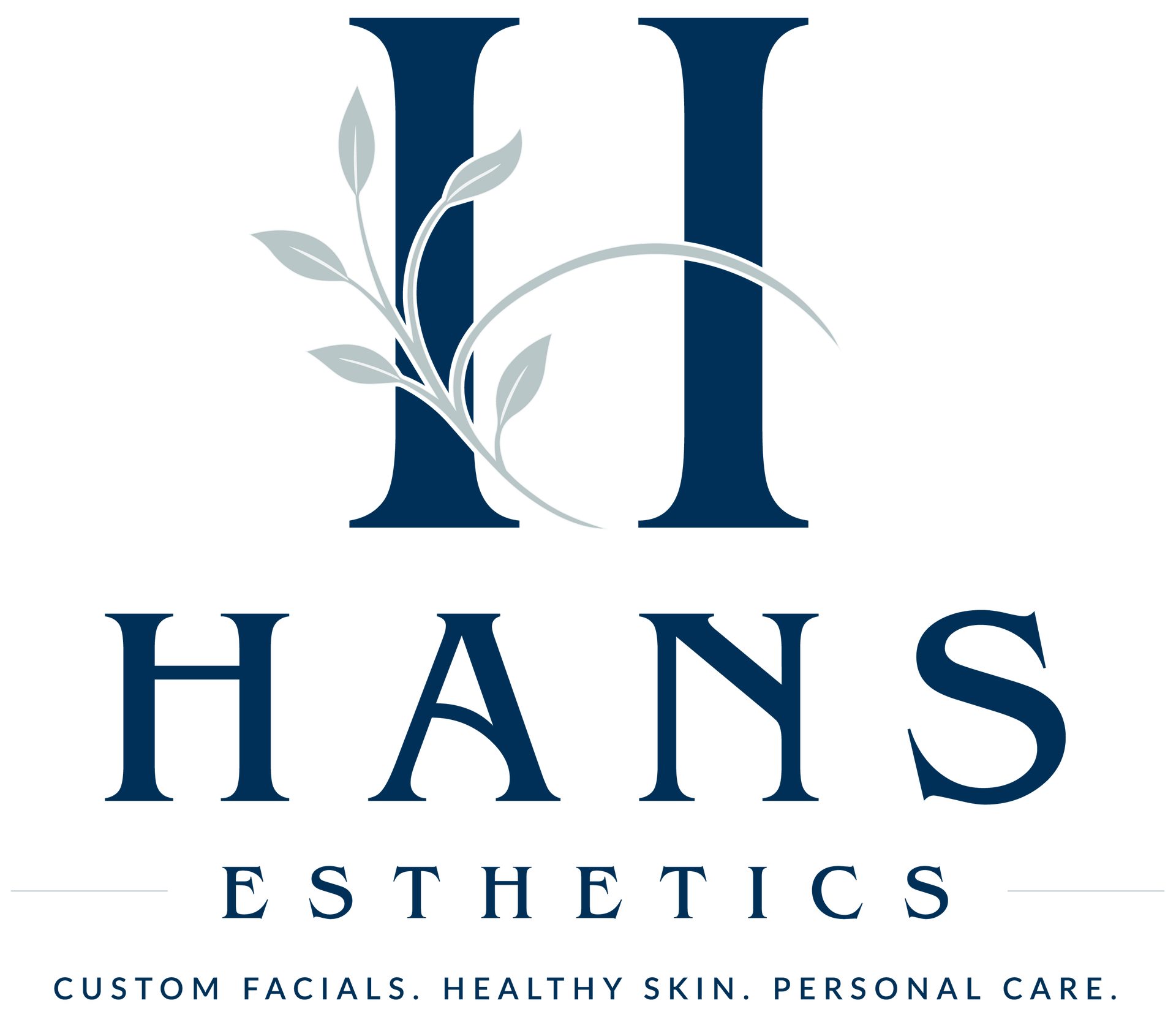 HANS ESTHETICS logo with navy initials and gray leaf accents on white background