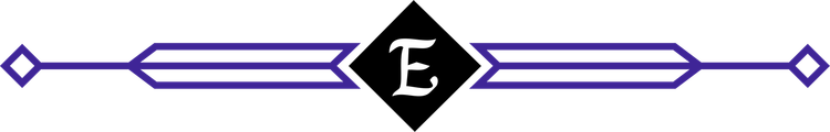 Purple horizontal line with diamond shapes on the ends. A black diamond shape in the center features the letter
