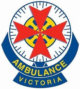 Ambulance Victoria logo: Red Maltese cross over yellow wheel, blue banner with