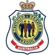 Logo of the Returned & Services League of Australia: shield with soldiers, crown, and red banner.