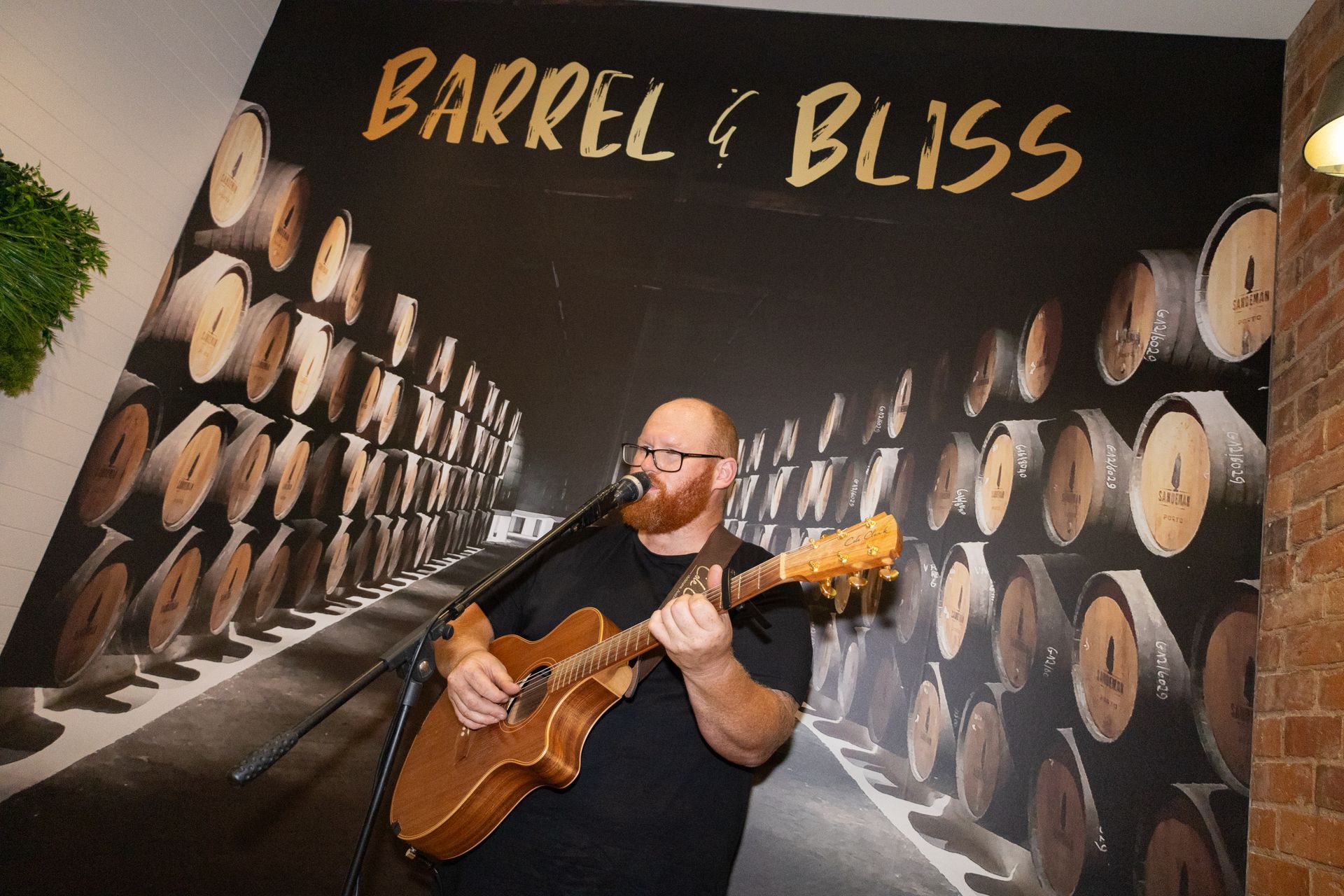 A man with a beard sings and plays guitar in front of a wall mural of barrels.