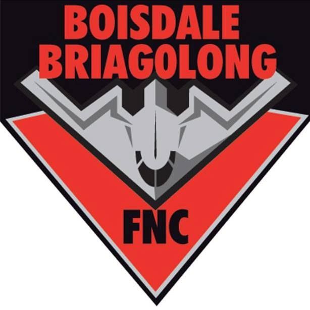 Logo of Boisdale Briagolong FNC: black and red shield with a gray airplane silhouette and text.