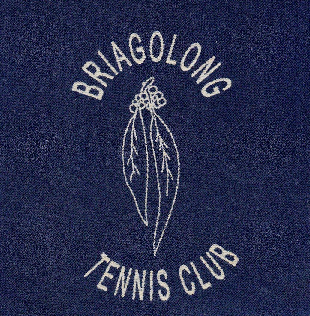 Briagolong Tennis Club logo: white text and emblem on a dark blue background.