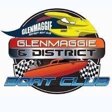 Logo for Glenmaggie & District Boat Club with racing boats, checkered flags, and text.