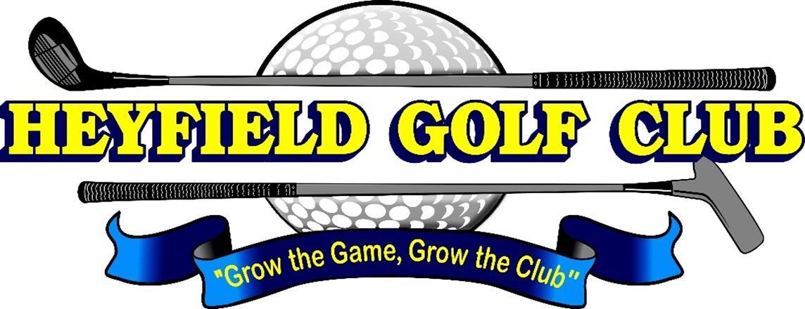 Heyfield Golf Club logo with golf ball, clubs, and banner: