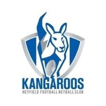 Logo for Heyfield Football Netball Club: blue kangaroo holding a football, set within a shield, with