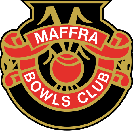 Logo for Maffra Bowls Club: Red bowl, black and gold accents, white text on red ribbons,