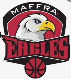 Maffra Eagles logo: an eagle's head, red and black text, basketball.