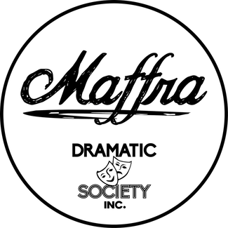 Logo for Maffra Dramatic Society. Black text in a white circle, featuring