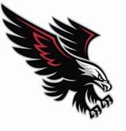 Black and red eagle with spread wings, swooping downward. White head and sharp beak.