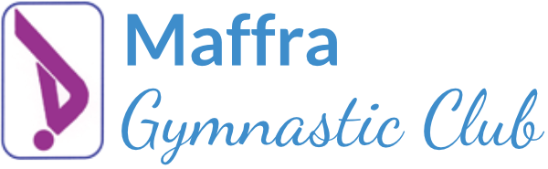 Logo for Maffra Gymnastic Club, featuring a purple and white graphic and blue text.