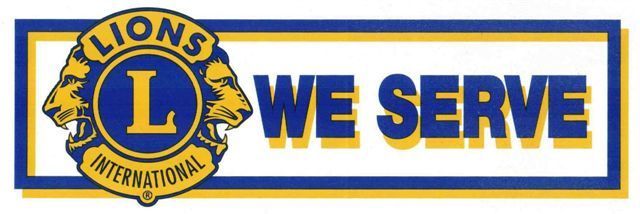 Lions Club logo: two lion heads flank a blue circle with a gold