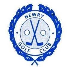 Logo for Newry Golf Club: Blue ring with text and a wreath. Inside, crossed golf clubs and a ball.