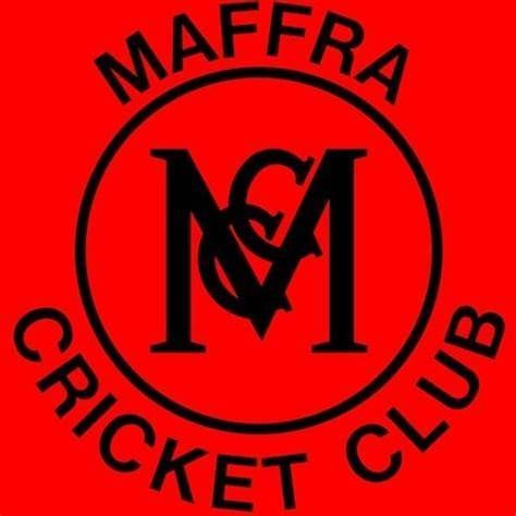 Red circle logo of Maffra Cricket Club with black text and initials