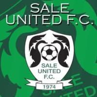 Sale United F.C. logo: white shield with soccer ball and two birds on green background,