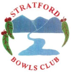 Stratford Bowls Club logo: mountains and river, red text, green and red leaf design.