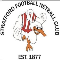 Stratford Football Netball Club logo: Angry goose in striped shirt and shorts, arched text above,