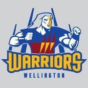 Warriors Wellington logo: muscular warrior in blue, yellow, and red.
