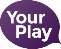 Purple speech bubble with white text reading